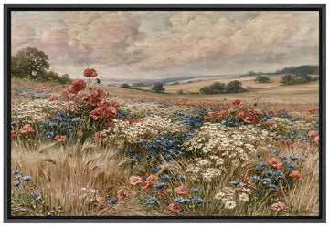 Framed Canvas Print Wall Art Vintage Wild Poppy Daisy Wheat Field Landscape Illustrations Modern Art Multicolor