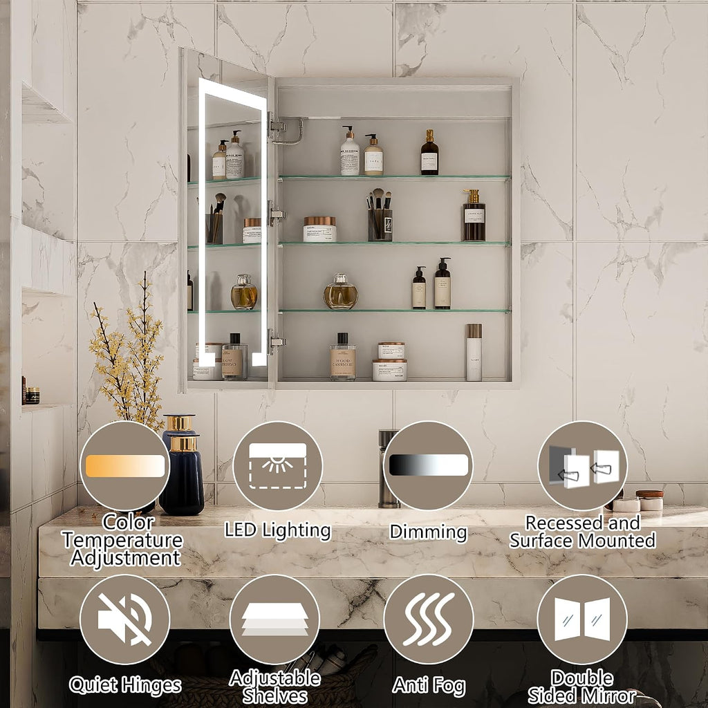 LED Bathroom Medicine Cabinet Mirror, 24" x 30" Lighted Vanity Mirror with Storage, Frameless Mirrored Medicine
