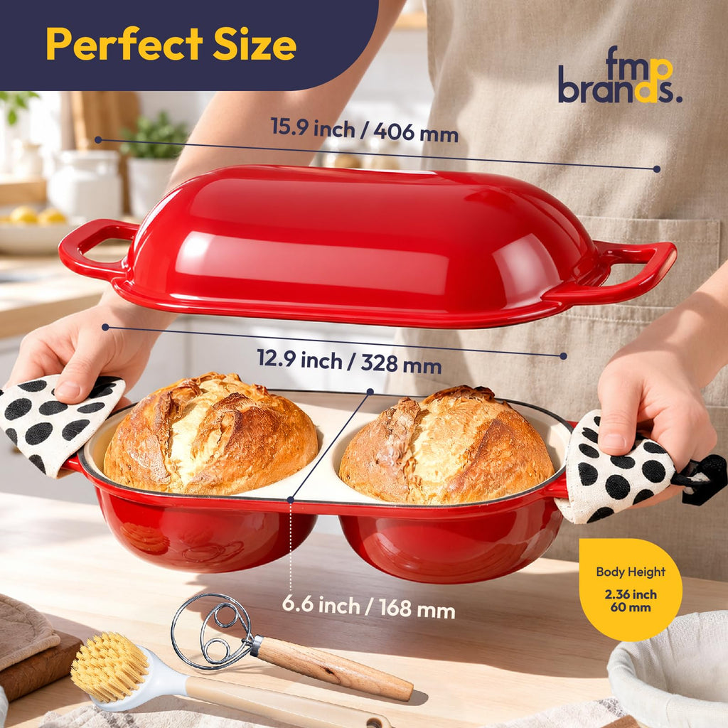 Double Dutch Oven for Sourdough Bread Baking, 2QT Enameled Cast Iron Double Loaf Pan with Lid, Oven Safe up to 500°F