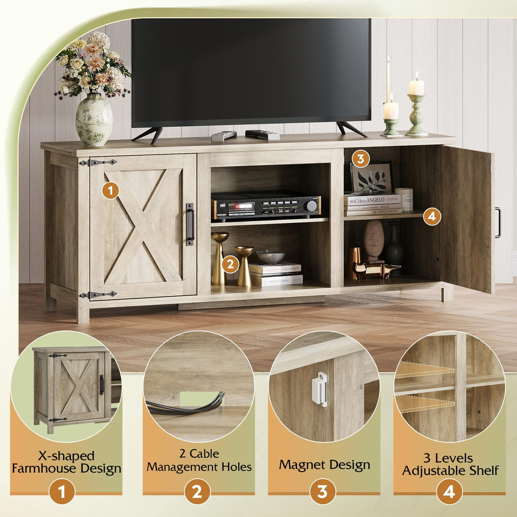 Farmhouse TV Stand for TVs Up to 65", Entertainment Center, Gray Oak