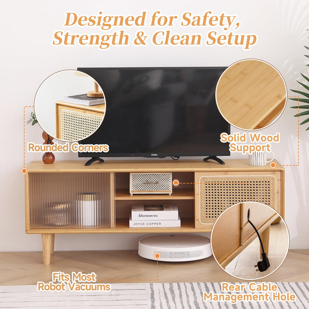 Rattan TV Stand for 55 Inch TV, Bamboo Cabinet with Storage, Wood