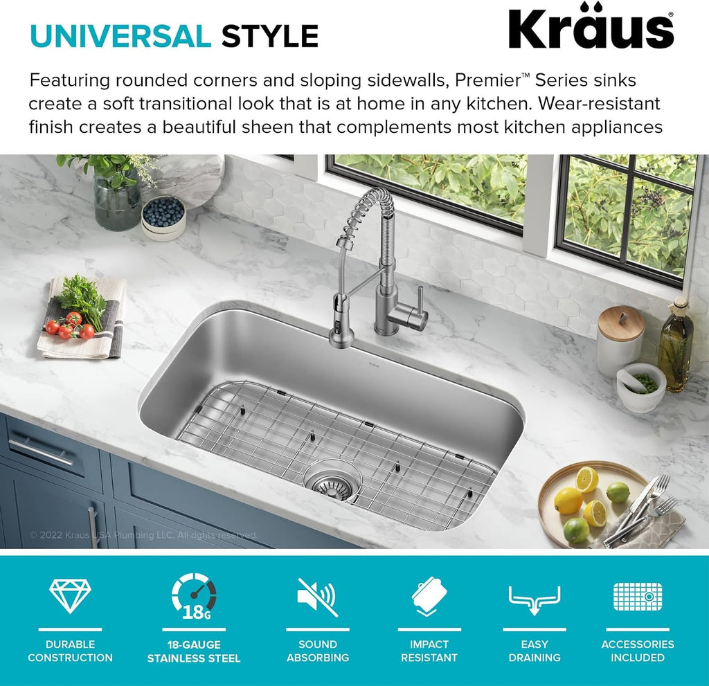 Stainless Steel 32 in 18 Gauge Undermount Kitchen Sink KBU44 | 18-gauge T304 stainless steel, rear-set drain, rounded