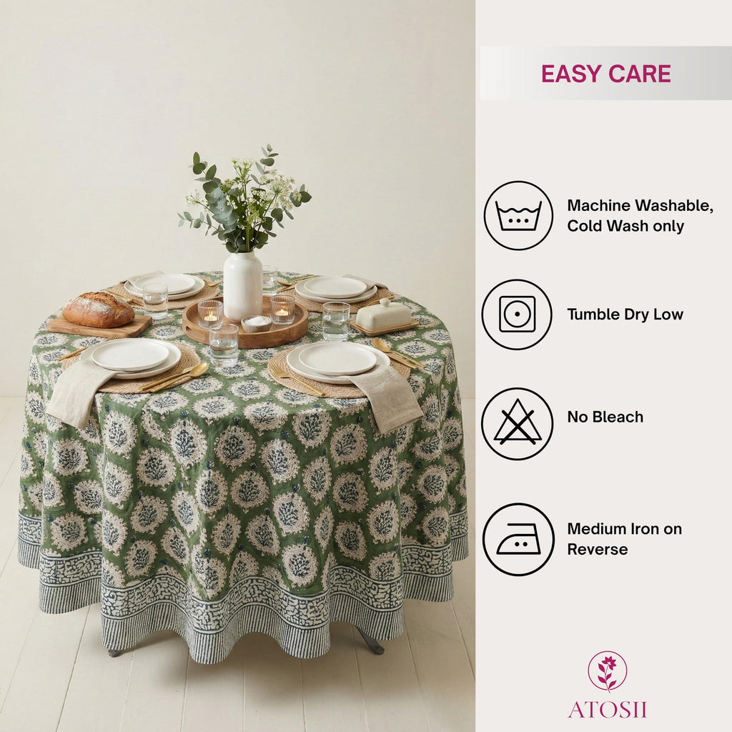 Cotton Blockprint Round Tablecloth, Kari Green, 90 Inches