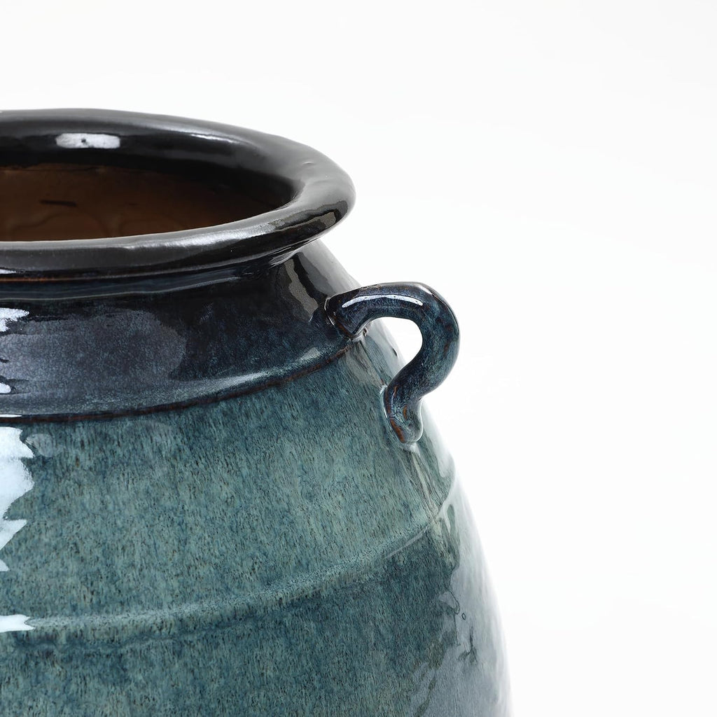 LuxenHome Large Rustic Floor Vase, 17.5'' Tall Ocean Blue Round Ceramic Vases for centerpieces, Farmhouse Flower Vase
