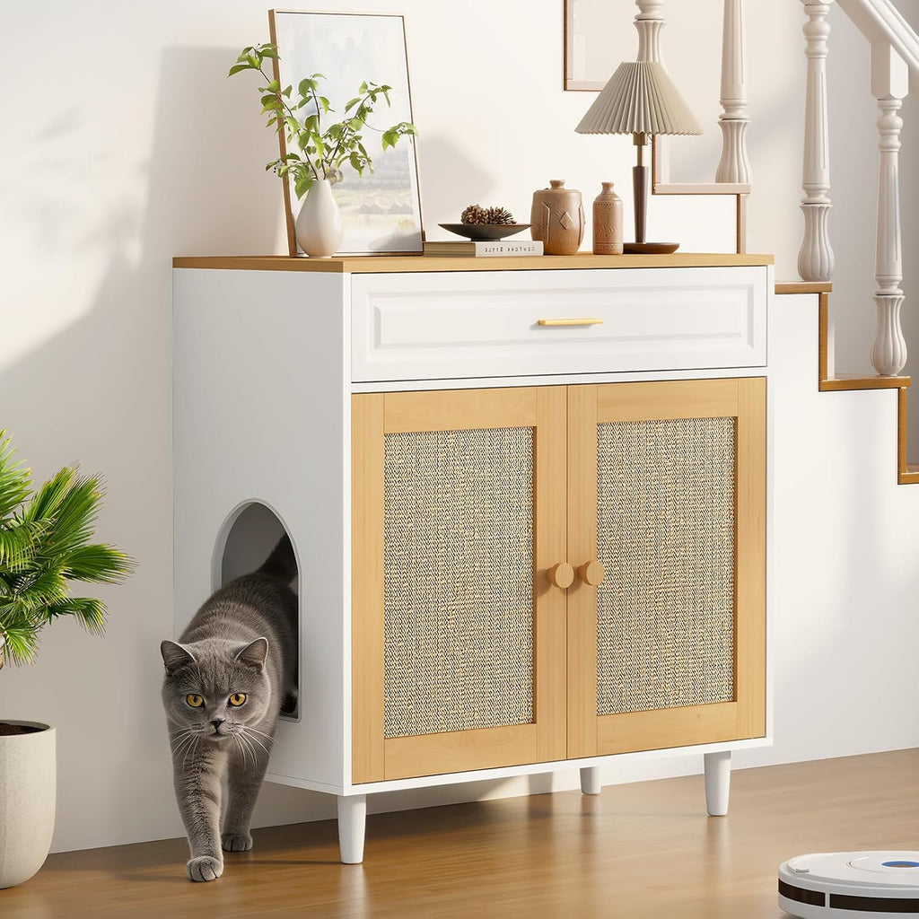 Cat Litter Box Enclosure, Hidden Litter Box Cabinet with Sisal Scratching Board Doors and Drawer, Dog Proof