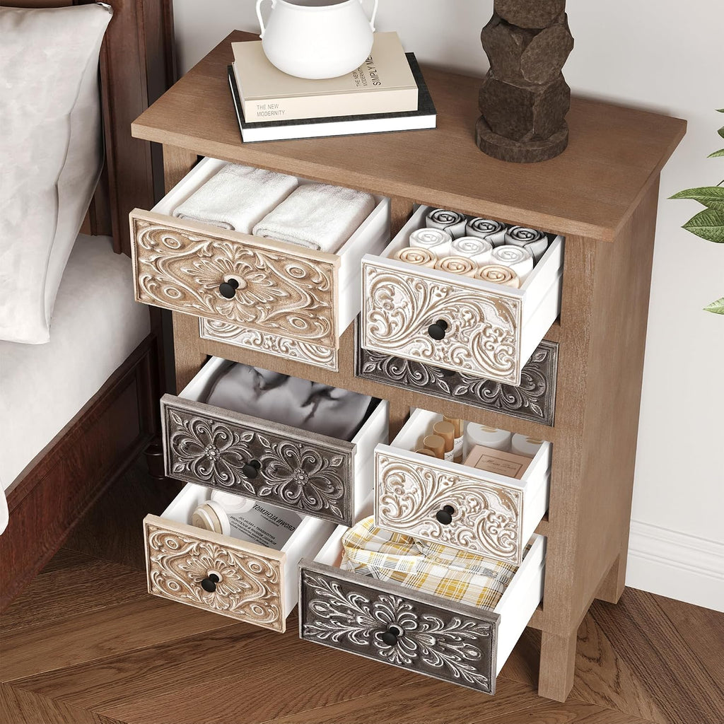 Vintage Accent Cabinet with 8 Hand-Carved Drawers, Boho Rustic Wood Storage Chest, Fully Assembled Distressed