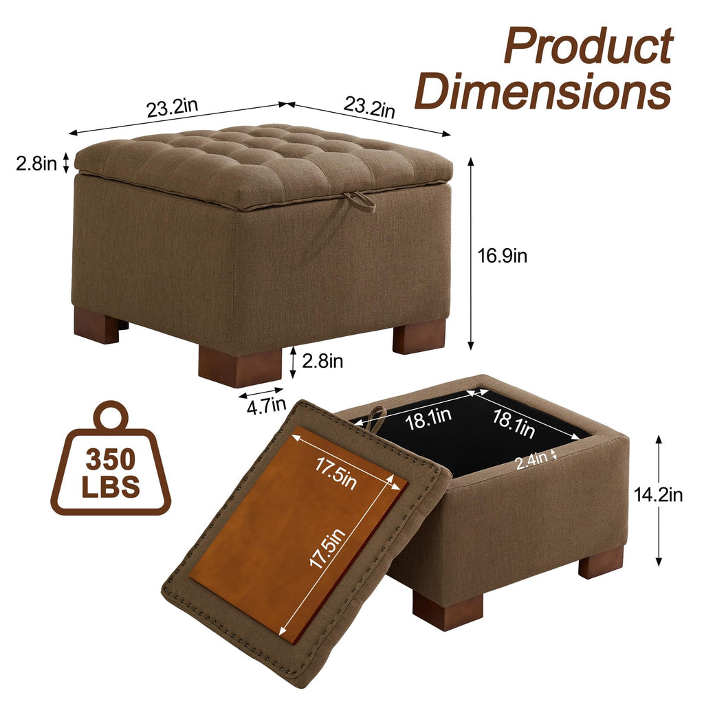 24" Fabric Square Storage Ottoman with Wooden Tray, Modern Tufted Button Footstool Coffee Table, Upholstered Small