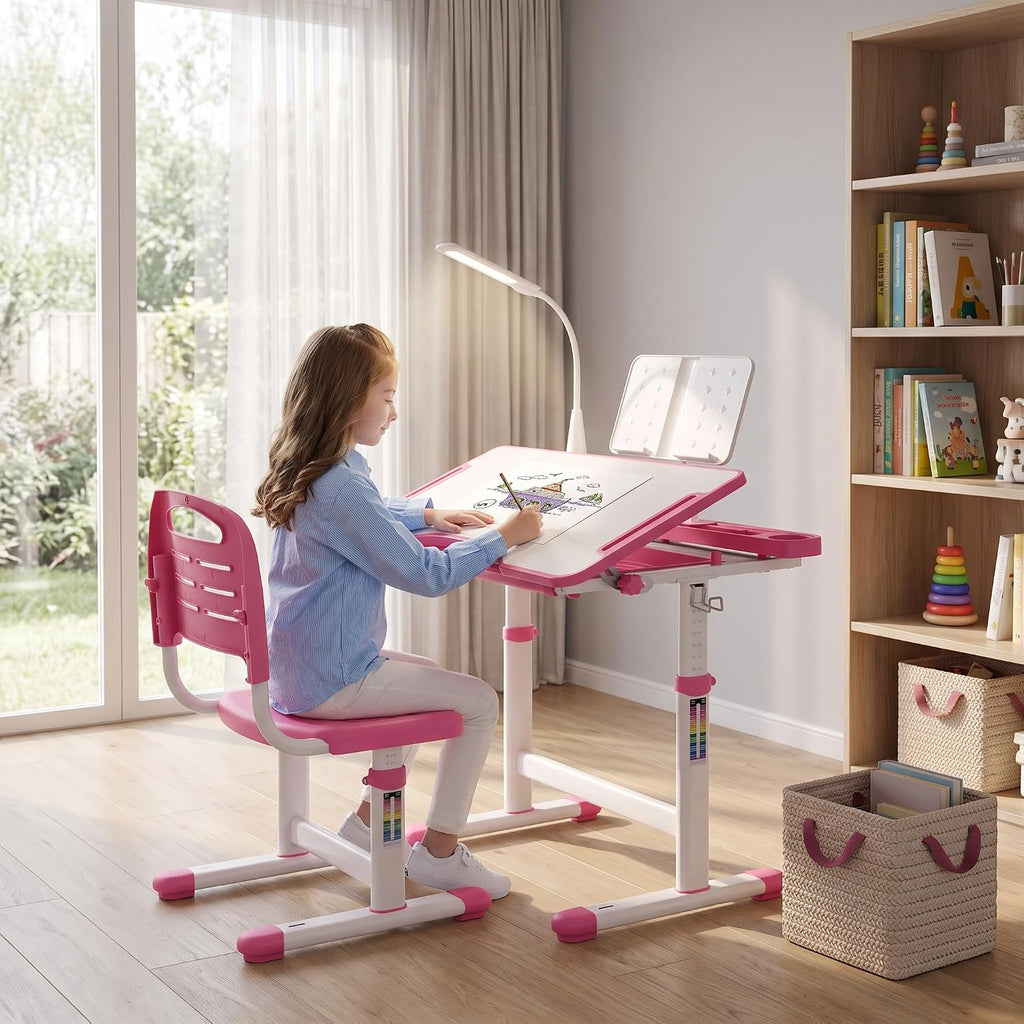 Kids Desk and Chair Set, Ergonomic Height Adjustable Kids Desk with Tiltable Desktop, LED Light & Pull-Out Drawer
