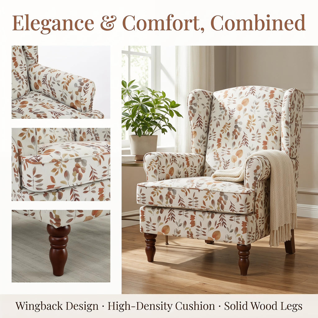 Mid Century Wingback Chair with Retro Wooden Legs Floral Yellow