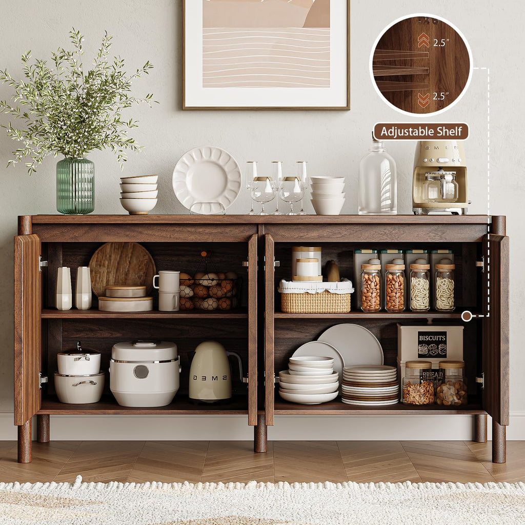 59 Inch Walnut Buffet Cabinet, Mid Century Wood Sideboard Storage