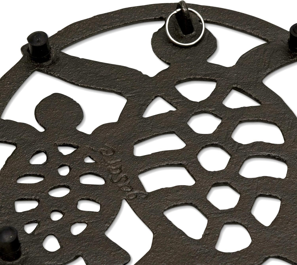 Cast Iron Trivet for Hot Dishes, Pots, and Pans, Metal Trivet, 2 Turtle Design, Rubber Feet Caps, Ring Hanger, 8.75