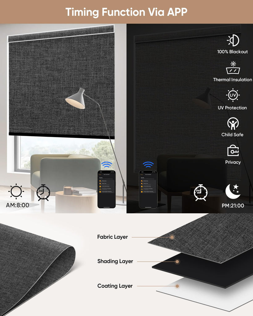Motorized Blinds with Remote, APP, Voice Control - 100% Blackout (Mist Ash Grey)