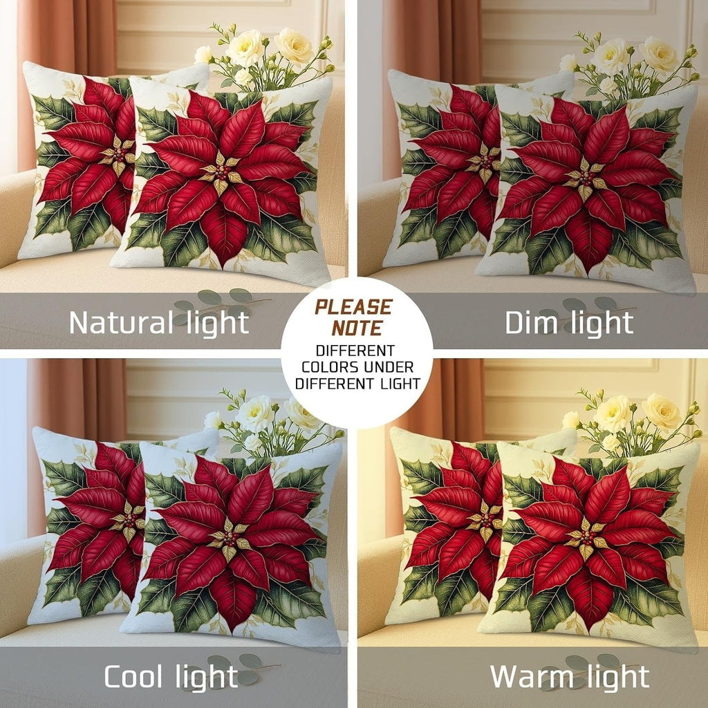 Retro Christmas Poinsettia Throw Pillow Covers 18x18, Soft Fun Xmas Plant Pillow Cases Kit with Zipper - Set of 2