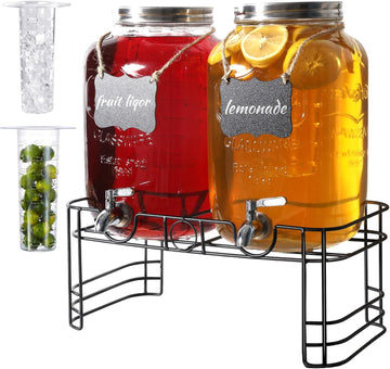 Gallon Glass Drink Dispenser, 2 Pack with Stand for Parties - Set of 2