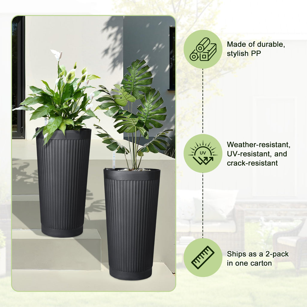 Self Watering Tall Planters Set of 2, Black Round