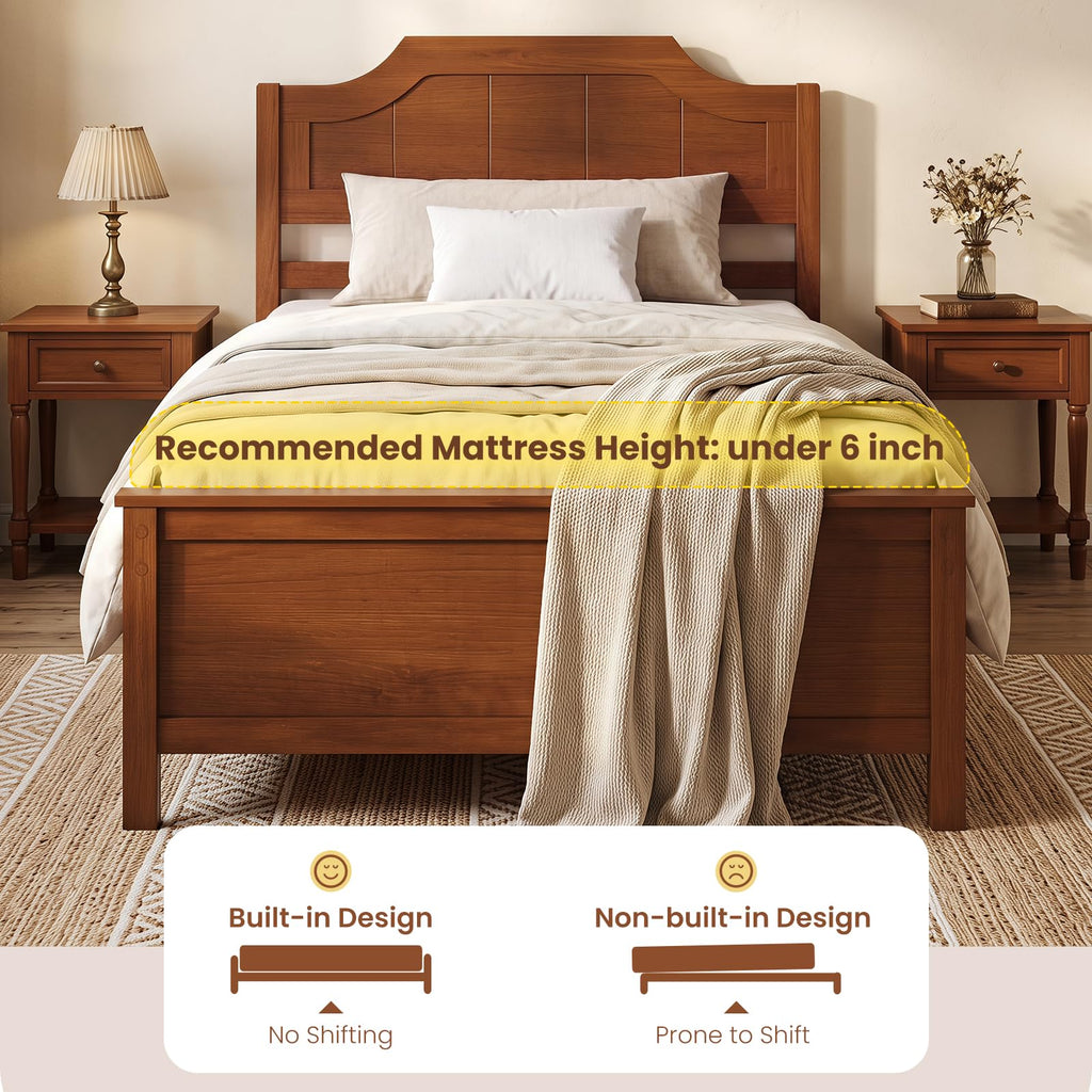 Twin Size Wooden Bed Frame with Headboard, Wood Slat Support