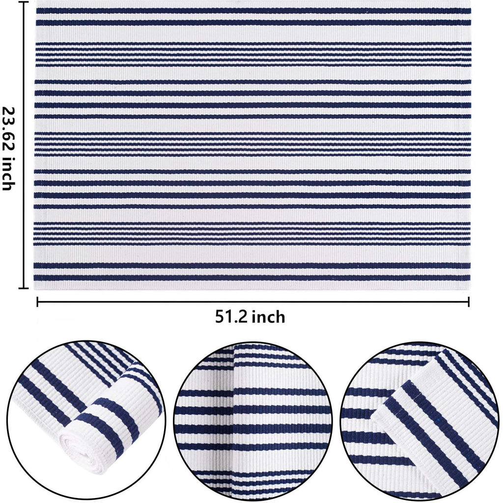 Blue and White Outdoor Rug 24"x51"Washable Woven Striped Front Porch Rug