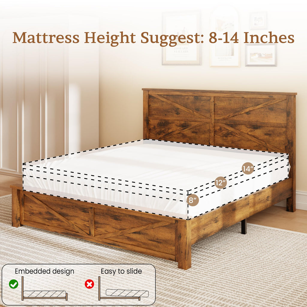 Farmhouse Wood Bed Frame with X-Shaped Panel Headboard, Brown