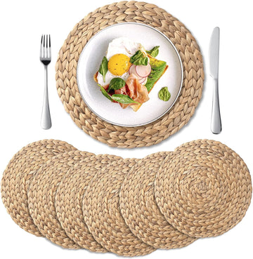Round Woven Placemats, Natural Water Hyacinth Wicker Place mats, Braided Straw Table Mats, Charger Plates - Set of 6