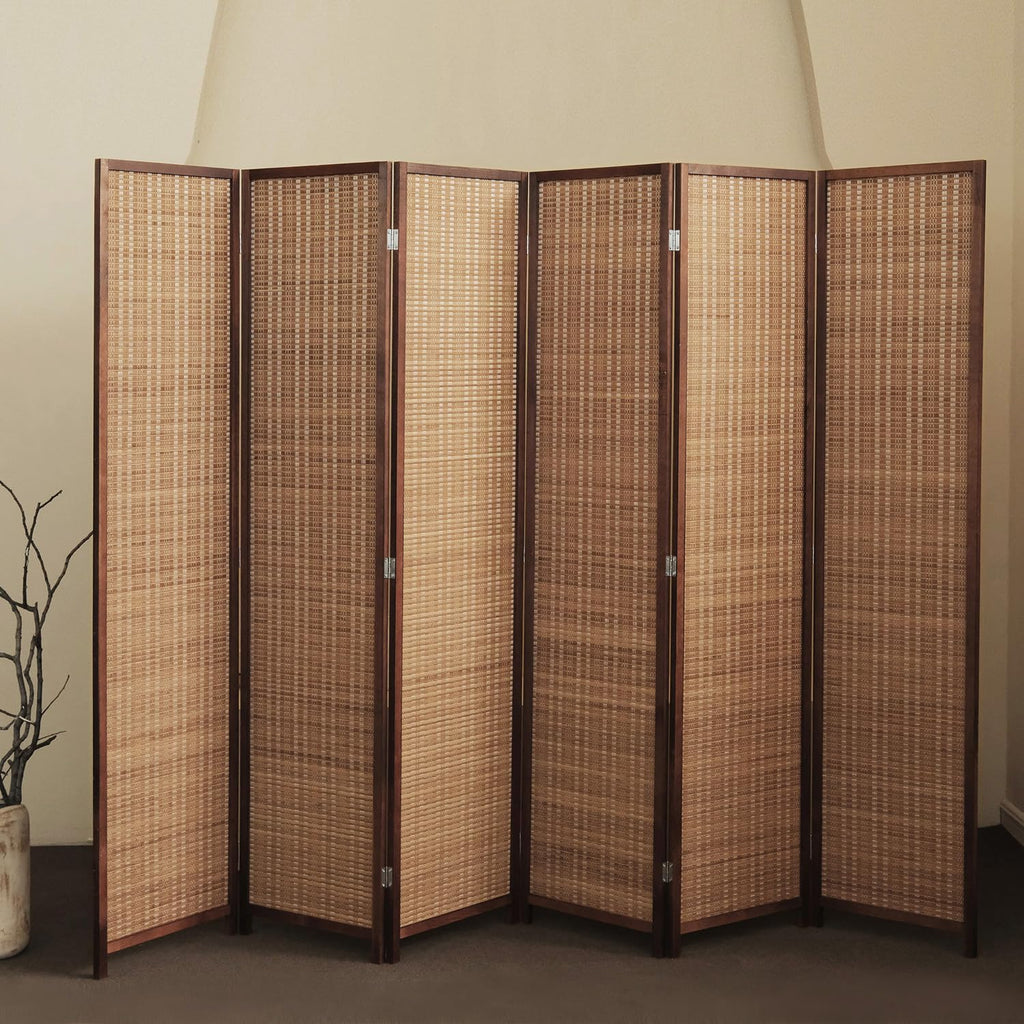 6 Panel Bamboo Room Divider - 5.6 ft Tall Folding Privacy Screen for Room Separation, Natural Brown Freestanding