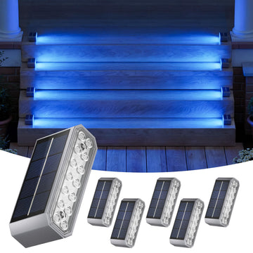 Blue Solar Step Lights for Pool, Deck, Dock & Stairs, 6 Pack Cool Blue Outdoor Lighting - Auto On/Off, IP67 Waterproof