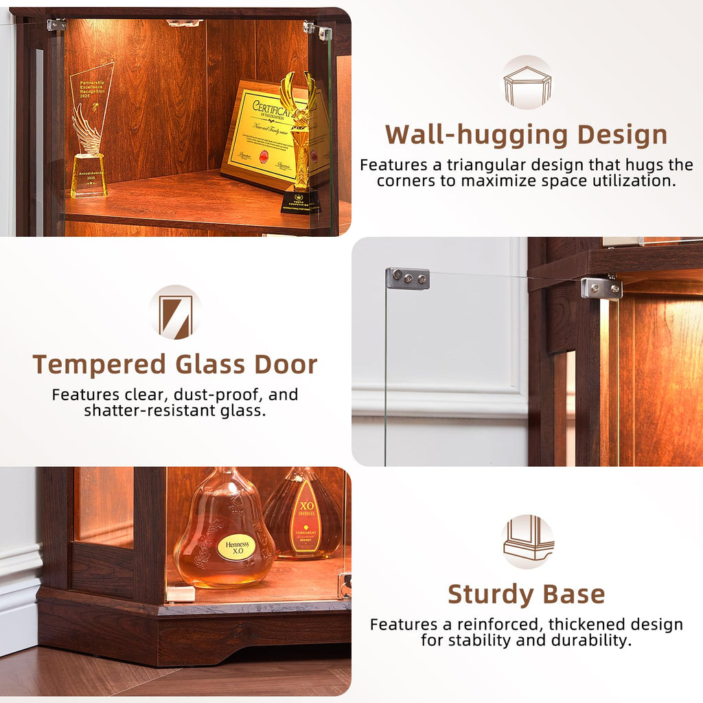 Farmhouse Corner Curio Cabinet with Lock, Walnut