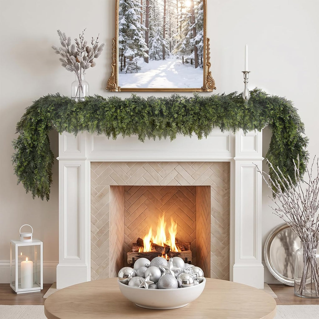 6FT Artificial Cedar Garlands, Real Touch Soft Cedar Pine Garland, Winter Artificial Greenery Garland for Fireplace