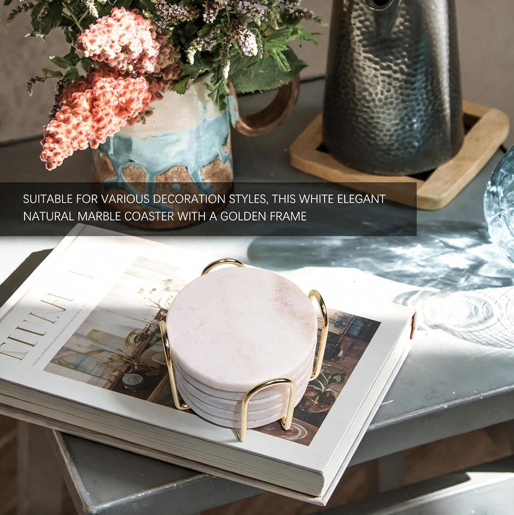 Inches Modern Shining White Marble Coasters with Gold Metal Holder, Round Natural Stone Drink Coasters - Set of 5