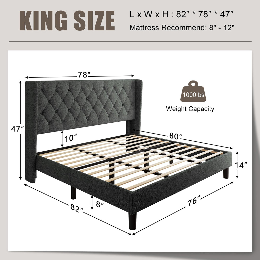 King Size Platform Bed Frame with Upholstered Wingback Headboard, 12" Under Bed Space, Wooden & Metal Slats Support