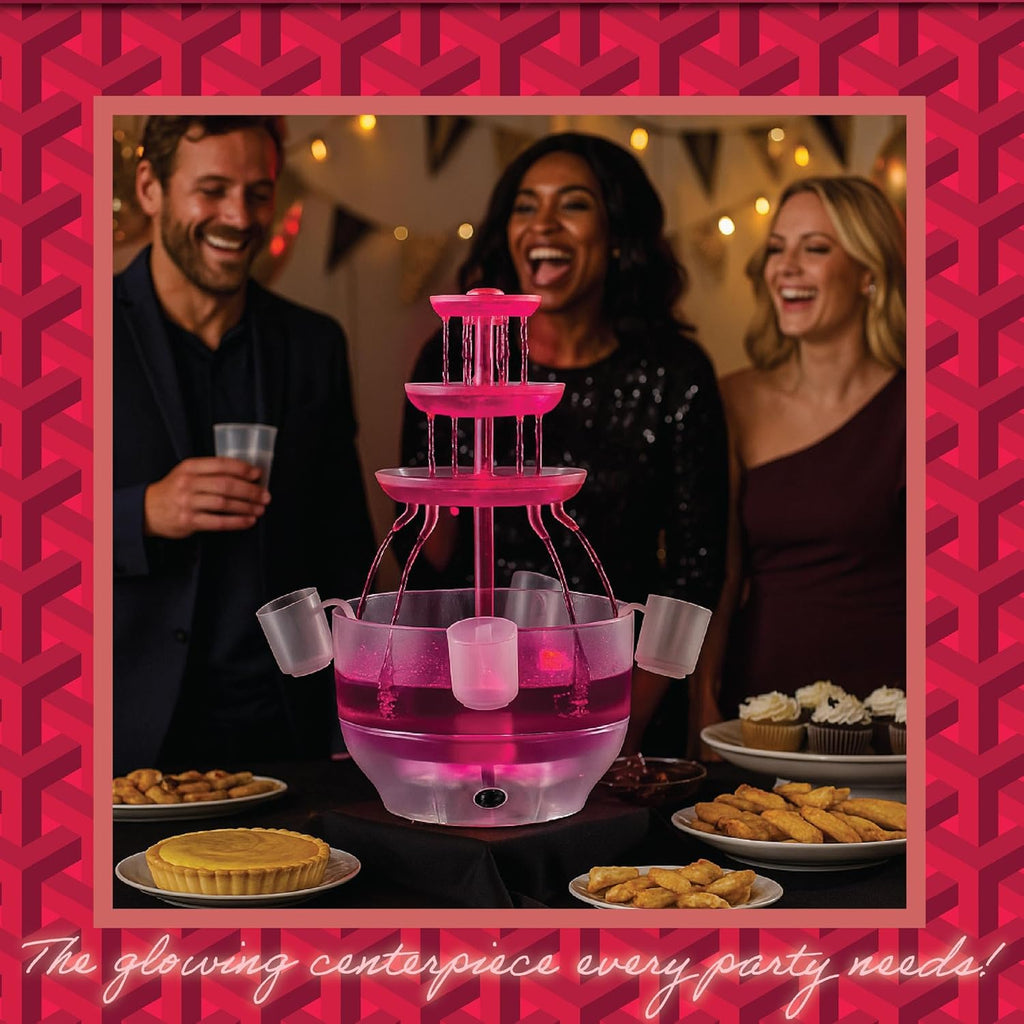 Drink Fountain for Parties - 1.5 Gal, 3 Tier Punch Bowl Drink Tower, LED Base, 6 Reusable Cups - Drink Dispenser - Set of 6