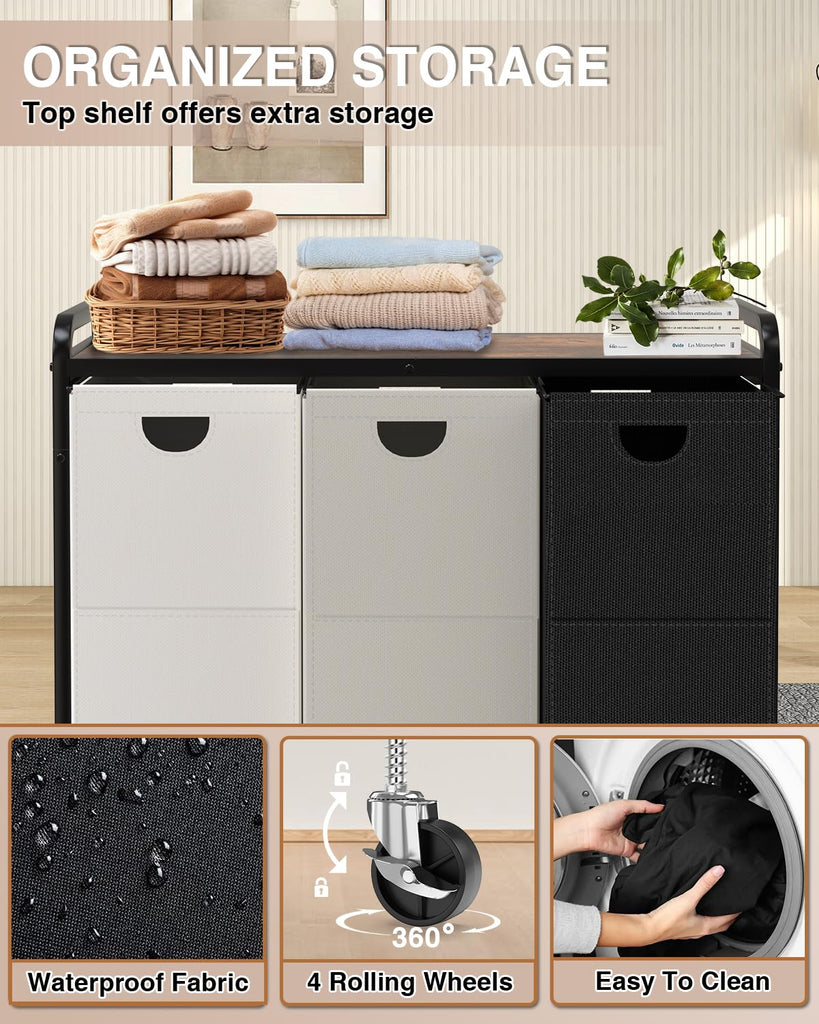 Sorter 3 Section,Laundry Basket with Wheels,3×15.8 Gal (60L)