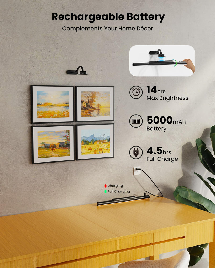 Picture Light for Wall Rechargeable Galley Light 16in Black