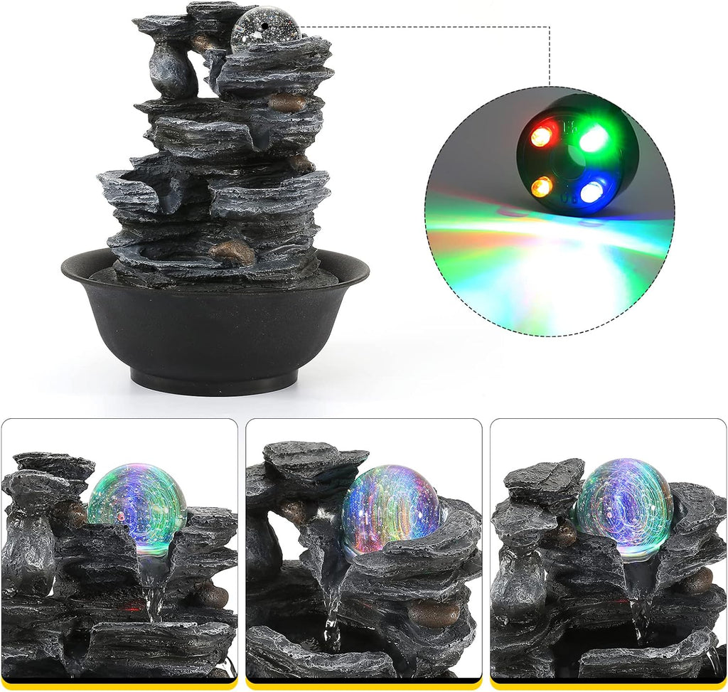 Tabletop Water Fountain Indoor Waterfalls Fountains with Colored LED Light Decorative Feng Shui Tabletop Fountain
