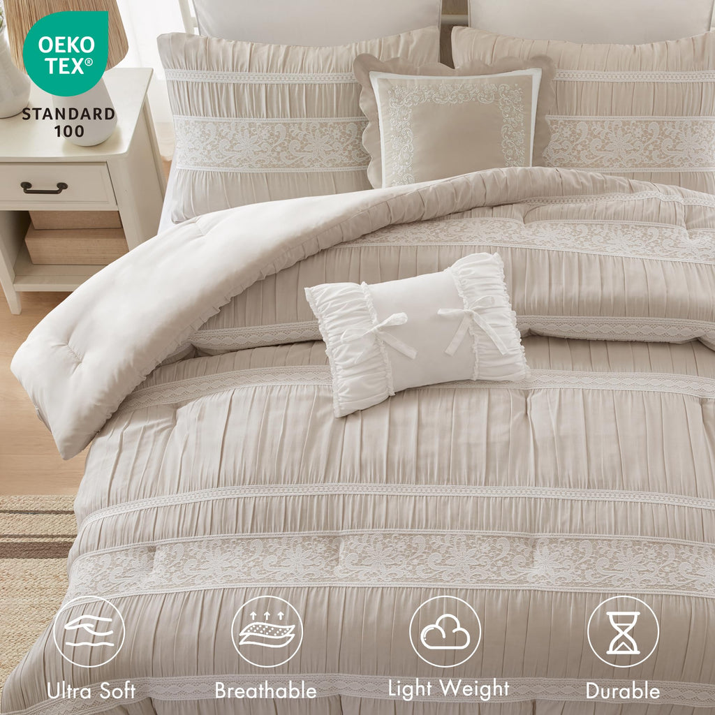 Park 5-Piece Farmhouse Comforter Set with Ruching & Lace Trim, Soft Chambray Bedding, Includes Comforter and 2