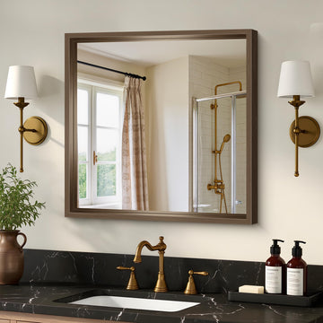 Bathroom Mirror, 24 x 24 inch Walnut Wood Grain Colored Aluminum Metal Frame Bathroom Vanity Mirror, Square Wall