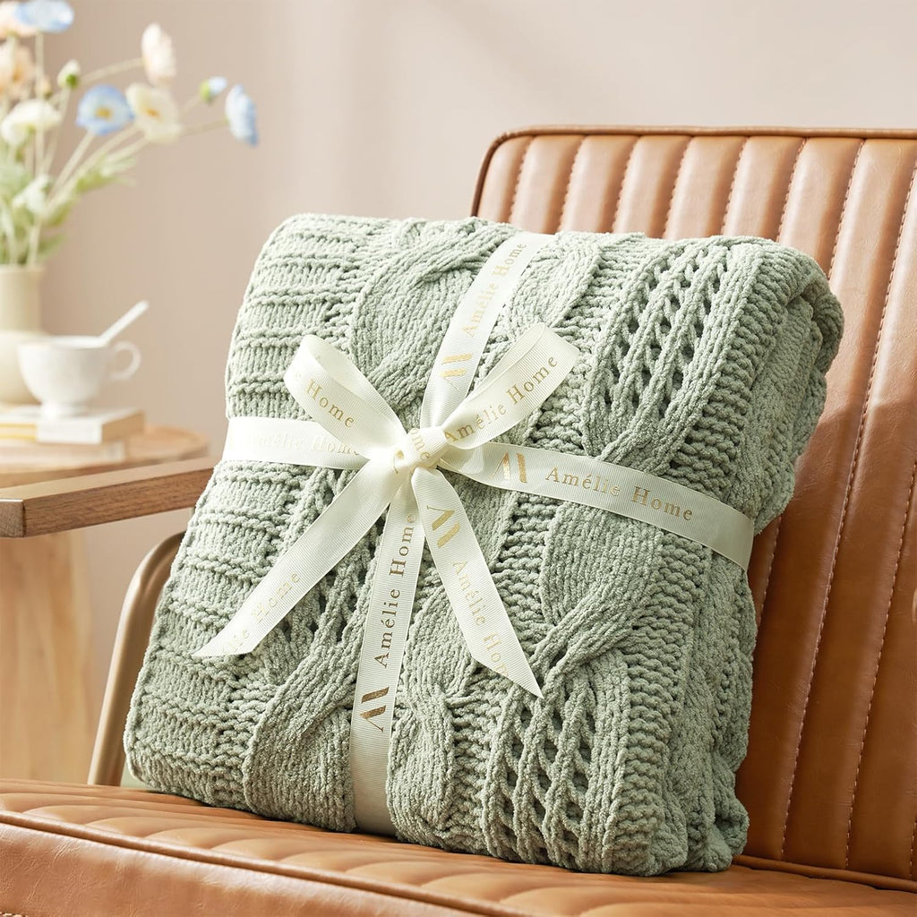 Chunky Knit Throw Blanket, Dual-Sided Soft Chenille Breathable Cable Knitted Blanket, Farmhouse Decorative Throw