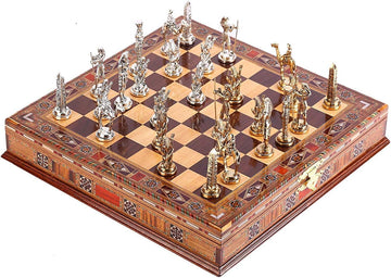 Historical Egypt Pharaoh Figures Metal Chess Set for Adults, Handmade Pieces and Natural Solid Wooden Chess Board