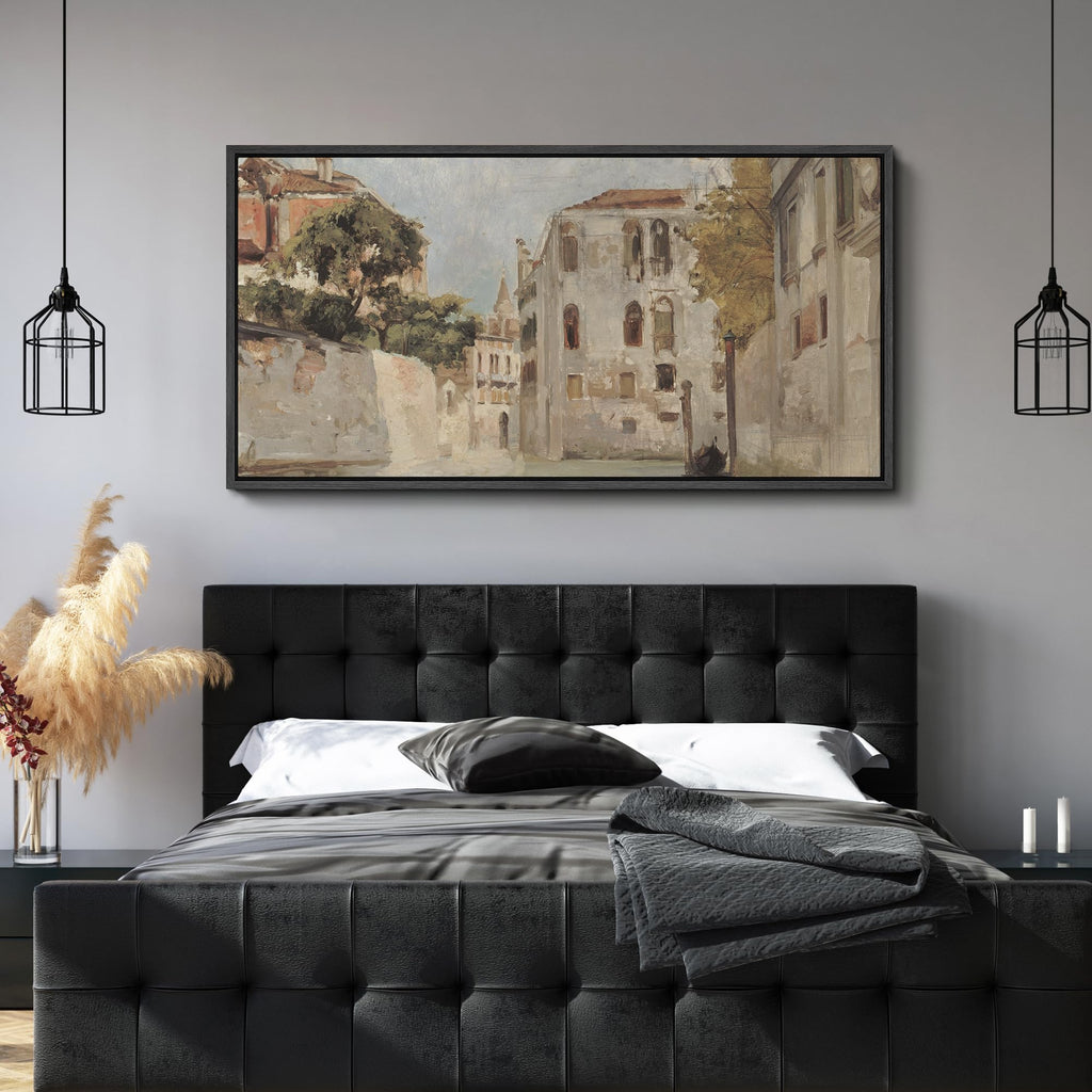 Extra Large Framed Canvas Print Wall European Street Scene Vintage Architecture Antique Retro Ready to Hang Painting