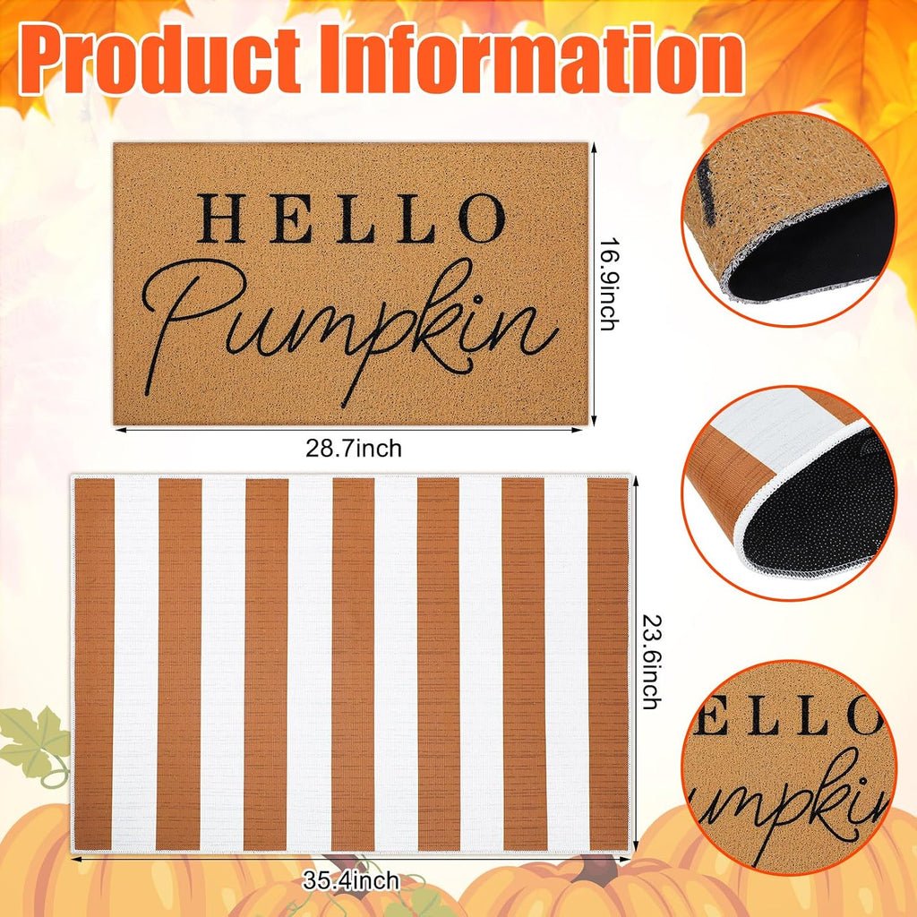 Hello Pumpkin Layered Doormat Set, White Orange - Set of 2