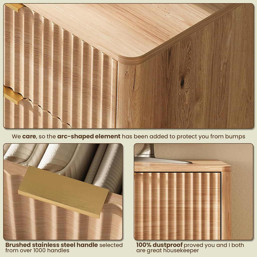 63'' Wide 9 Drawers Dresser ,Modern Fluted Vertical Chest with Rounded Corners,Fluted Dresser , Natural Wood