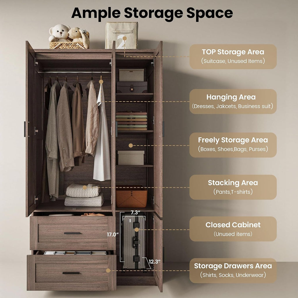 70.6 Inch Armoire Wardrobe Closet with Drawers (Dark Walnut) | Freestanding engineered wood armoire with a hanging