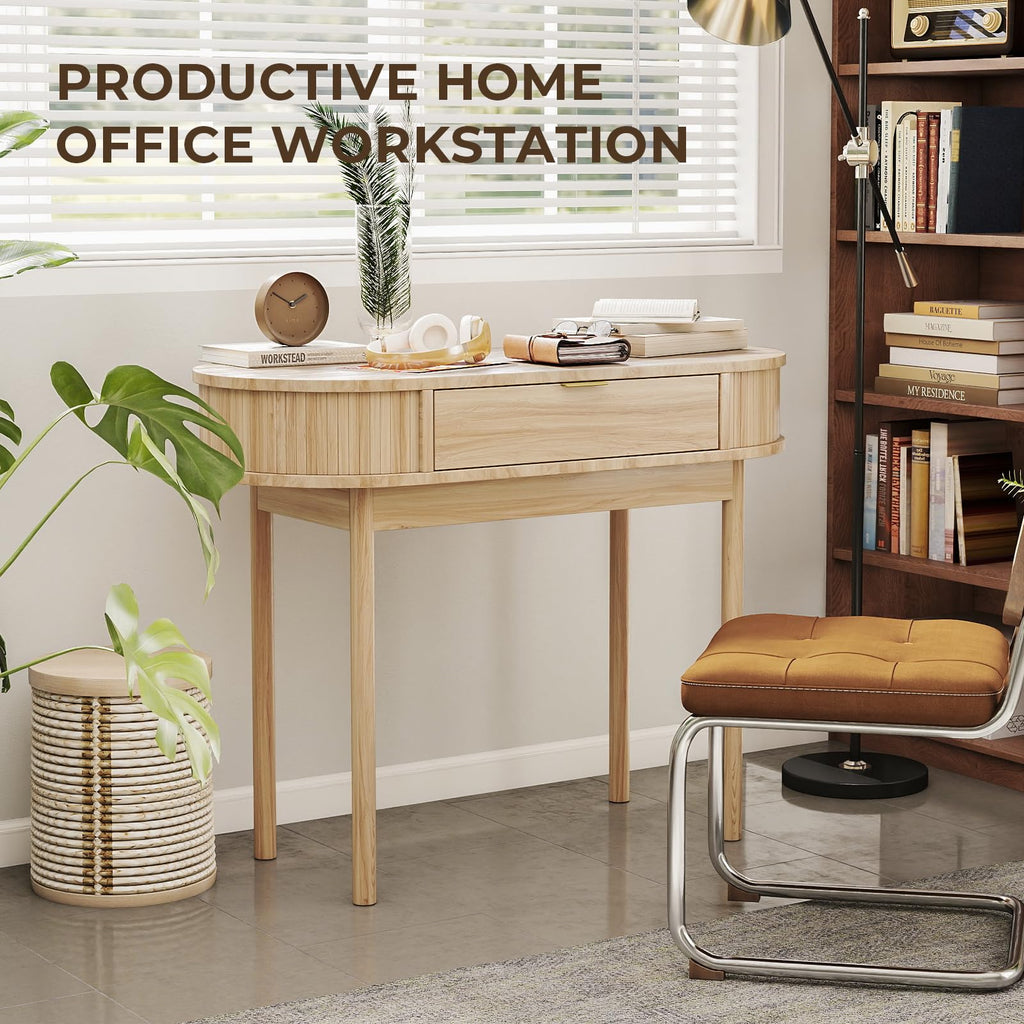 Writing Desk with Drawer, 39" Small Computer Desk with Fluted Design, Oval Wood Study Table for Small Space, Modern