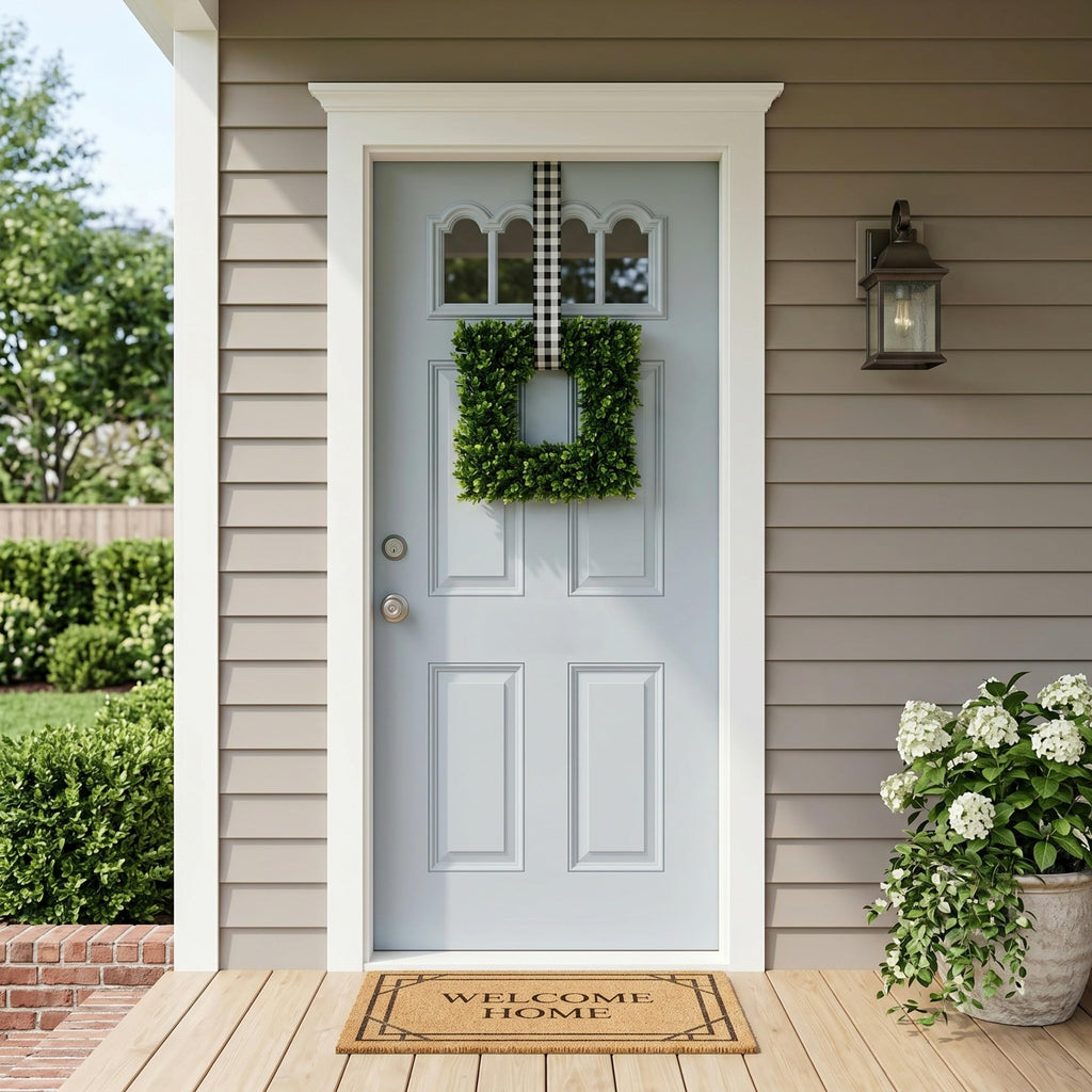 Square Boxwood Wreath for Front Door, Green, 16.5"