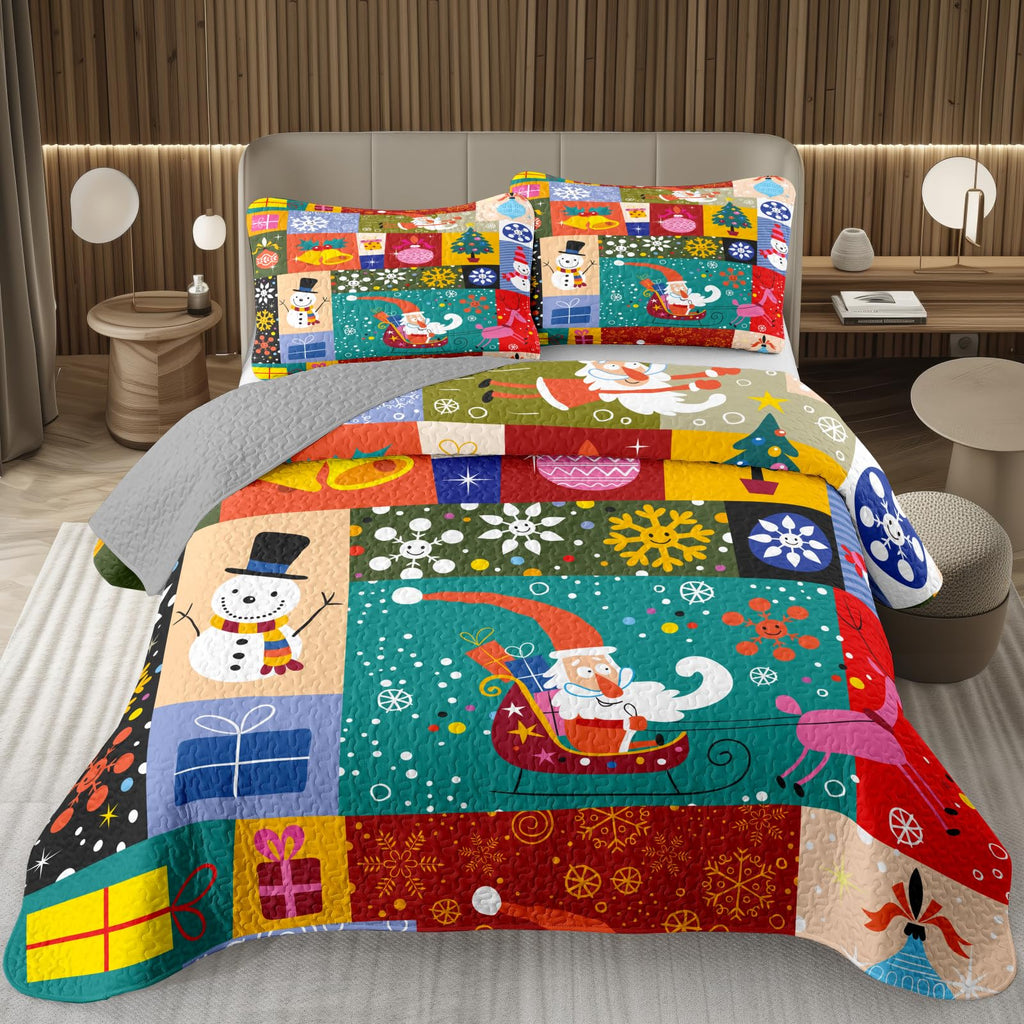 Merry Christmas Patchwork Green Quilt Set King- Santa Claus Gift Snowman Checkered Printed Holiday Bedding Set - Soft