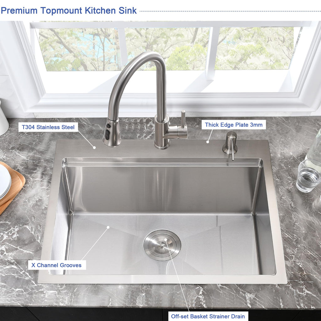 25x20 Stainless Steel Kitchen Sink Drop In Top Mount Workstation