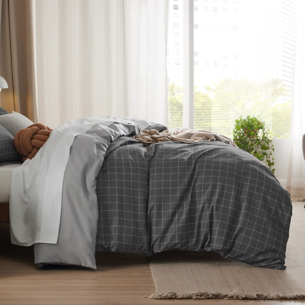 Duvet Cover - Reversible Plaid Duvet Cover Set with Zipper Closure, 2 Pieces Dark Grey Bedding Set with 8