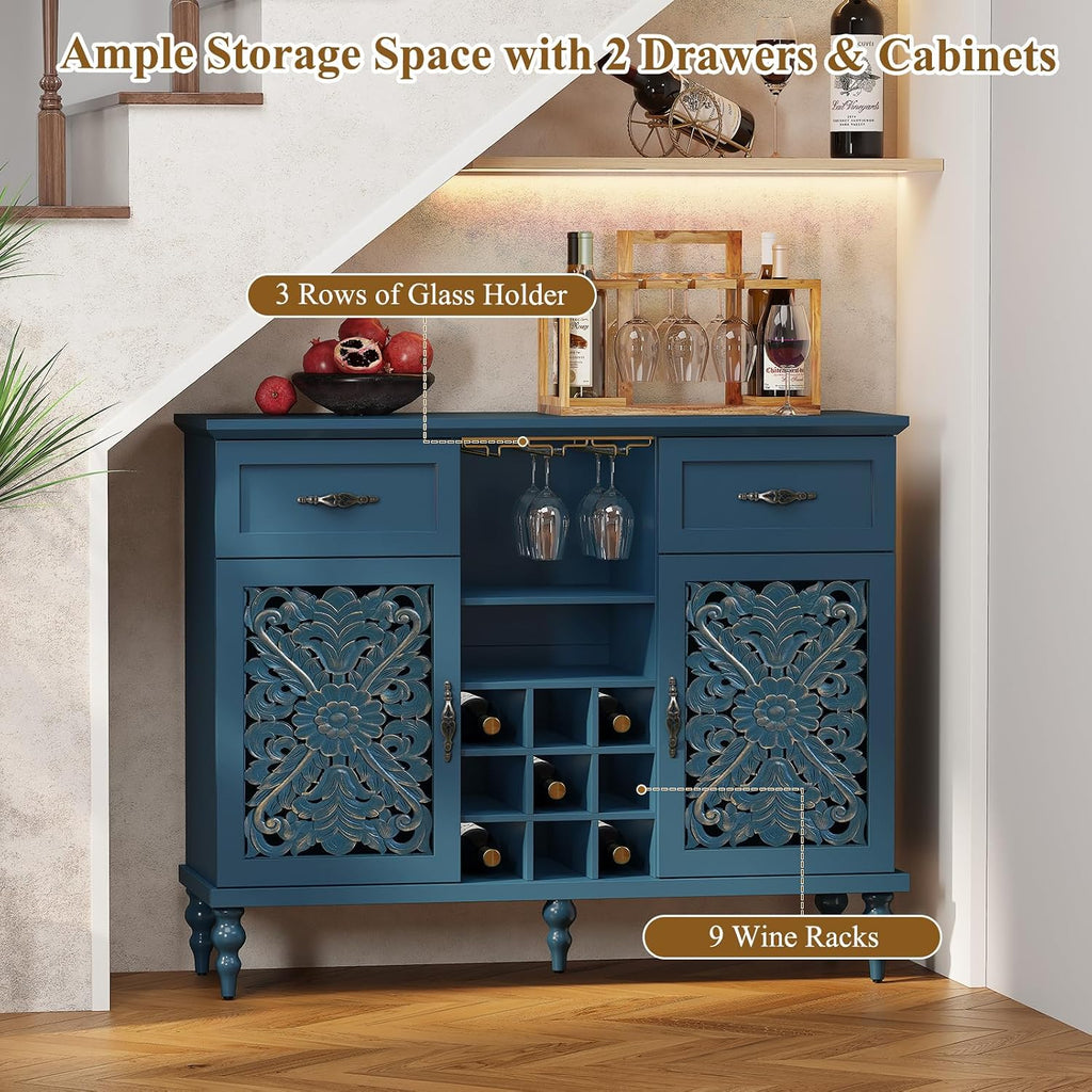 47.2" Vintage Wine Bar Cabinet with 2 Hollow Carved Door, Antique Liquor Cabinet with 9 Wine Racks and Glass Holder
