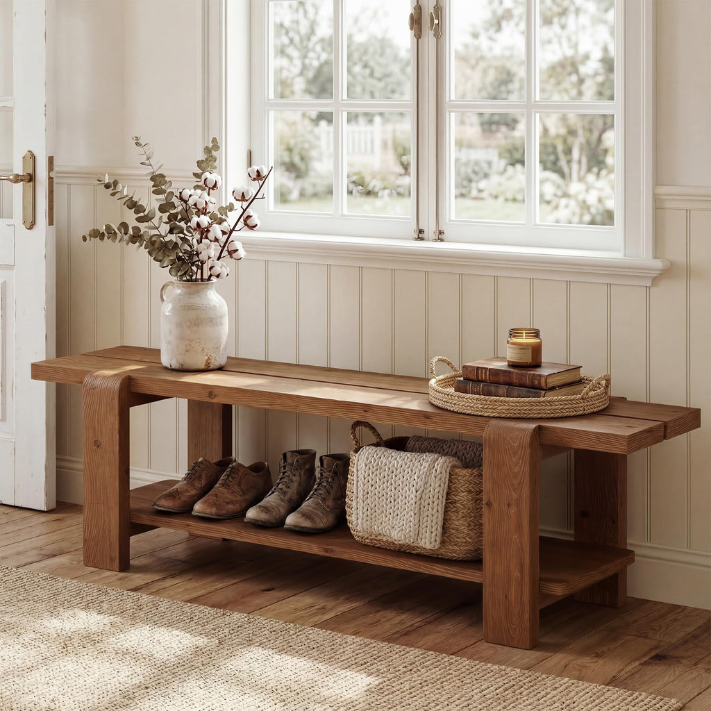 Solid Wood Entryway Bench with Shoe Storage Shelf, 63-Inch Long Farmhouse Entry Shoe Bench, End of Bed Bench