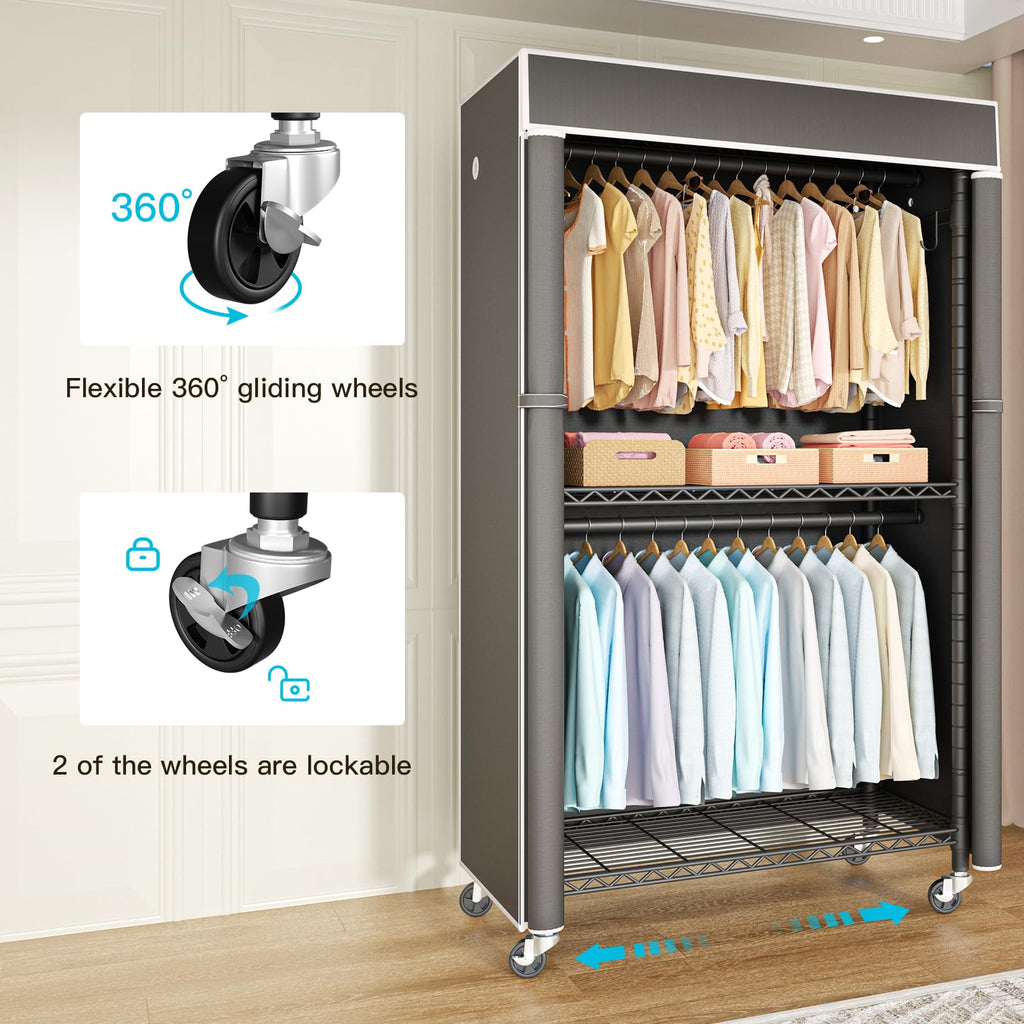Black Clothing Rack with Dark Gray Cover, P1C Rolling Closets