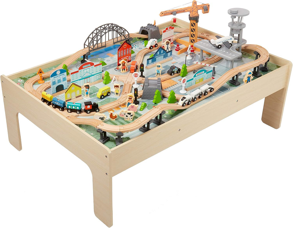 120 Piece Wooden Train Set with Activity Table, Sturdy Tracks, Storage Bin, Easy to Assemble, Kids Gift for Age 3Y+